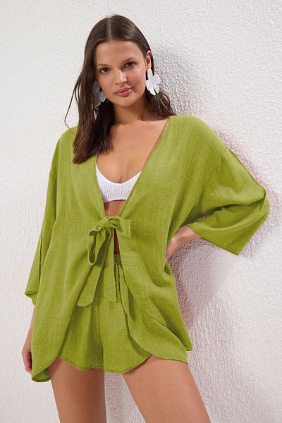 Trendyol Collection Beach Clothing Tie-Up Textured Blouse and Shorts, Oil Green Tbess25Au00050Uk