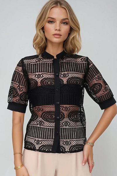 Trend Alaçatı Stili Women's Dark Black Judge Collar Woven Cuffed Openwork Short Sleeve Guipure Shirt Alc-X13550