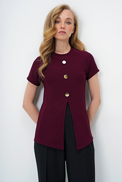 Trend Alaçatı Stili Dámská vínová halenka s výstřihem na zlaté knoflíky s detailem rozparku Ottoban ALC-X14169