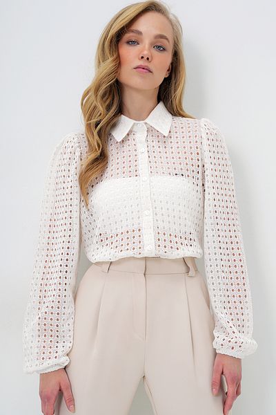 Trend Alaçatı Stili Blickdichtes, weißes, gewebtes Guipure-Premium-Hemd für Damen ALC-X4366