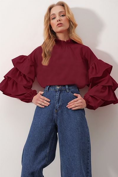 Trend Alaçatı Stili Burgunderrote Rollkragenbluse mit Faltenärmeln und gewebter Bluse für Damen ALC-X9762