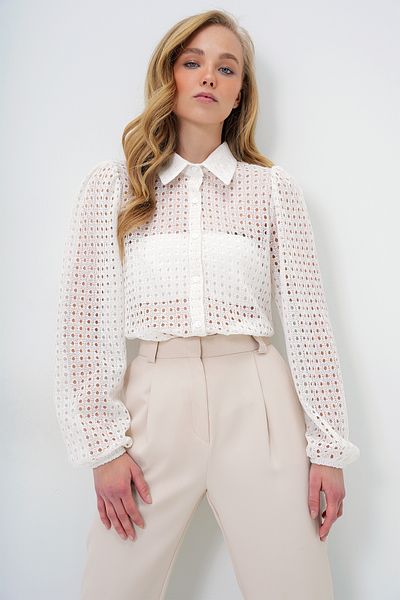 Trend Alaçatı Stili Blickdichtes, weißes, gewebtes Guipure-Premium-Hemd für Damen ALC-X4366