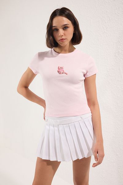 Trendyol Collection Pink Cotton Cat Printed Body Fitted Stretchy Knitted T-Shirt Twoss25Ts00095