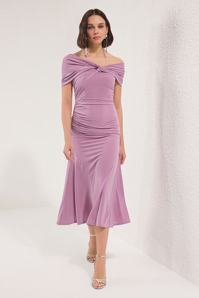 Trendyol Collection Pink Asymmetrical Neckline Knitted Stylish Evening Dress Night Graduation Dress Tprss24El00046