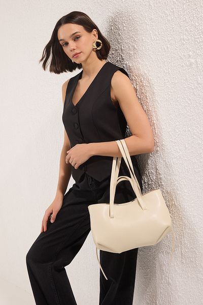 TRENDYOL SHOES Ecru Damen Tote Schultertasche mit Geldbörse TAKSS25OC00070