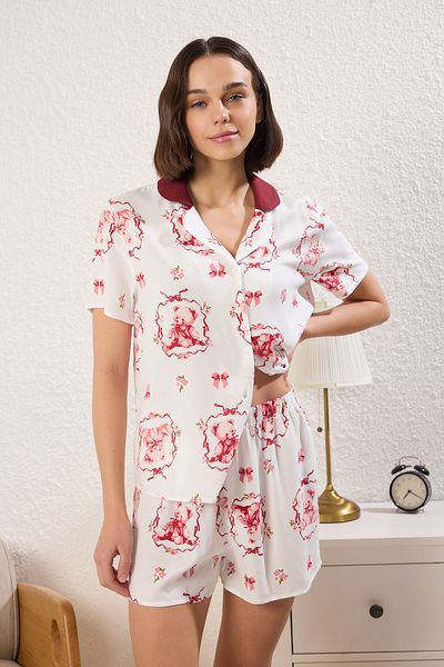 Trendyol Collection Multicolor Teddy Bear and Ribbon/Bow Patterned Viscose Shorts Woven Pajamas Set Thmss25Pt00389