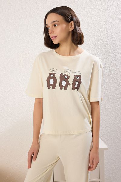 Trendyol Collection Піжама з 100 бавовни бежевого кольору з футболкою та штанами з ведмедиком THMSS23PT00134