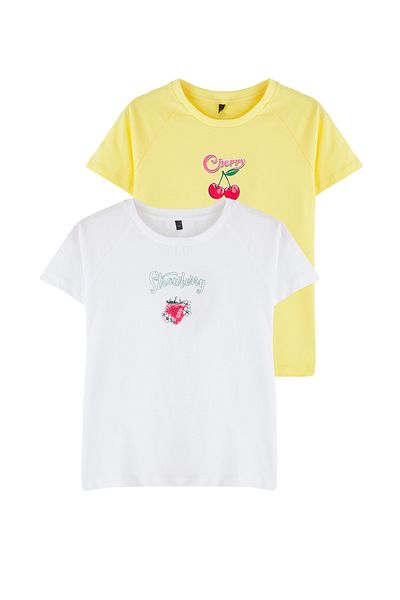 TRENDYOLKIDS White-Yellow 2'Li Girl's 100% Cotton Fruit Printed Short Sleeve Knitted T-Shirt Tkdss25Ts00095