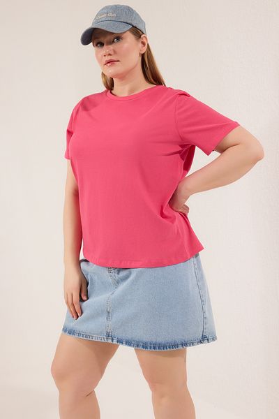 Trendyol Curve Dusty Rose T-shirt z okrągłym dekoltem, 100% bawełny, duży rozmiar - Tbbss22Ts0733