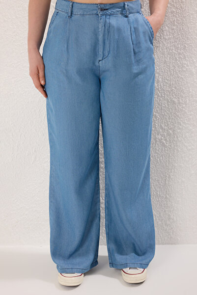 Trendyol Curve Blue High Waist Wide Leg Tencel Jeans Large Size