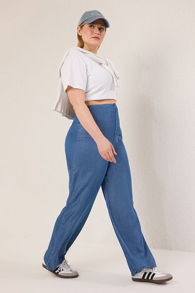 Trendyol Curve Sötétkék magas derekú széles lábszárú Tencel farmer nagy méretű széles lábszár