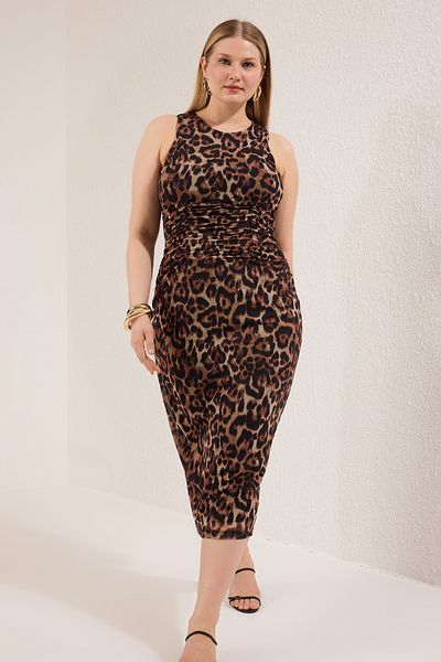 Trendyol Curve Multicolored Animal Patterned Leopard Knitted Tulle Stylish Evening Dress