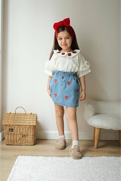 KOKOŞ BEBEK Комплект джинсової спідниці з полуничним візерунком | Вік 3-10 років