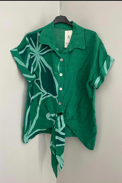 AYASOFYA OTANTIK Жіноча італійська зелена сорочка з коміром на зав'язці та ко...