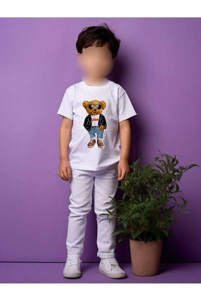 LEVENT ÖZCAN Teddy Bear Print Detailed Short Sleeve 100% Cotton White Children's T-Shirt