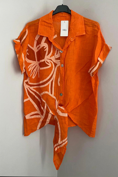 AYASOFYA OTANTIK Жіноча італійська помаранчева сорочка з коміром, зав'язкою н...