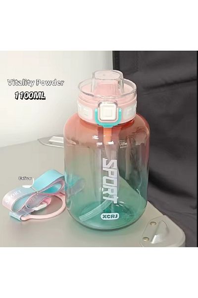 hediyeconcepti 1100ml Large Capacity Portable Sports Flask Soft Drink Thermos Camping Running Flask with Straw