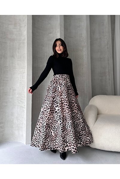 Genel Markalar Yüksek Bel Leopar Desenli Çan Etek