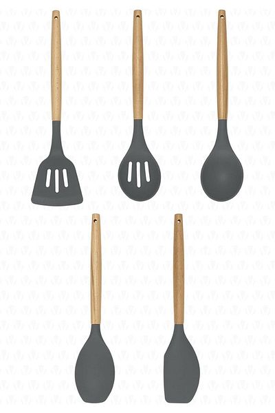 STOREMAX Sellbuystore Li̇ngo Bamboo Handle 5 Piece Cooking Set Gray 1053513