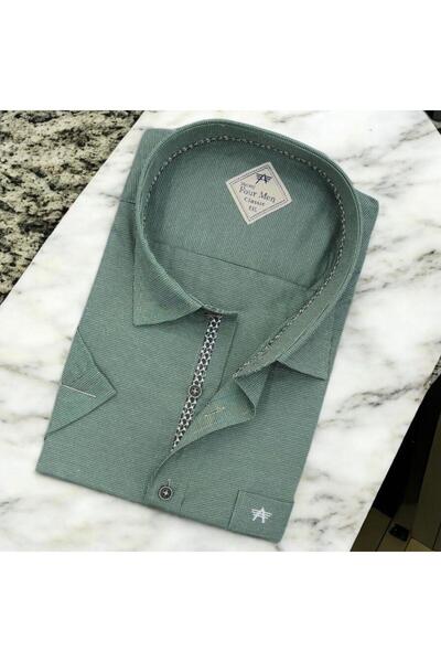 EREN STYLE Linen Lan Klasična zelena muška košulja kratkih rukava (standardni...