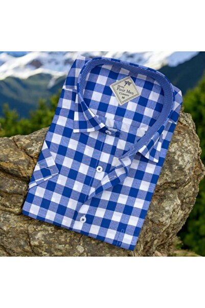 EREN STYLE Linen Linen Klasična plava muška košulja kratkih rukava (standardn...