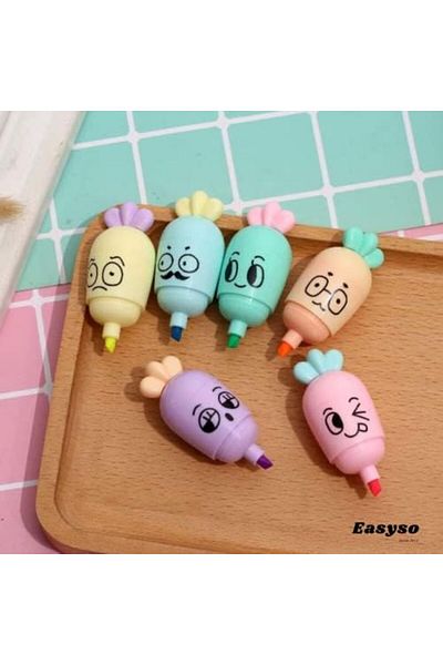 STOREMAX Ysstorex Highlighter Pen 6 Pack Mini Size Pastel Colors Carrot Face Expression Marker Pen, Ço