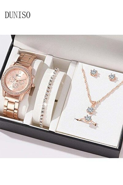 Generic DUNISO Women Watch Sets, 5 Pcs Luxury Fashion Women Watch Set Alloy Strap Ladies Quartz Wristwatch R