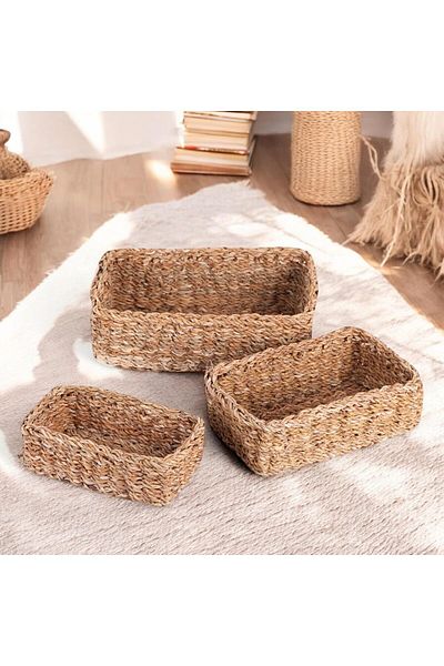 STOREMAX Ysstorex Set of 3 Rustic Handmade Natural Rectangular Wicker Organizers |   3-Piece Wicker Rectangular