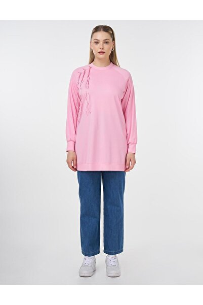 Kayra Ribanalı Sıfır Yaka Penye Sweatshirt Şeker Pembe