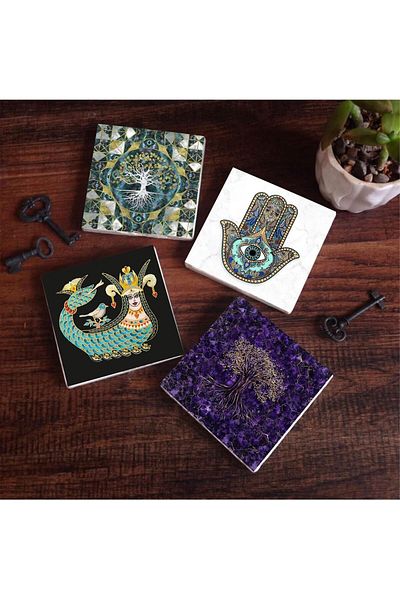 STOREMAX Sellbuystore Tree of Life, Shahmeran, Fatma Ana Hand (Hamsa) Stone Coasters Set - 4 Pieces