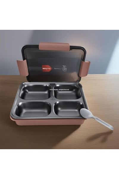 STOREMAX Buystoremx Hybrid Bento Box 900ml Plastic Body, Stainless Steel 4 Compartments Bpa Free, Multipurpose