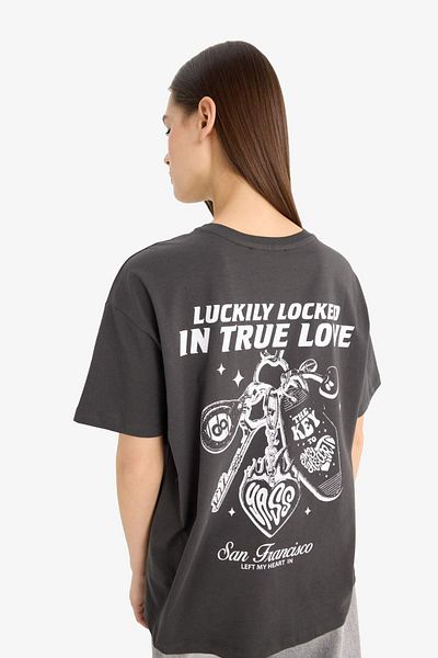 DeFacto Oversize Wide Fit Crew Neck Back Printed Short Sleeve T-Shirt F4744Ax25Sm