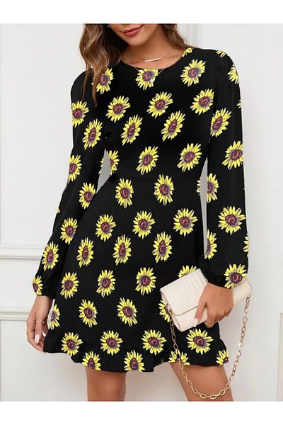 İpeksi Silky Women's Long Sleeve Crew Neck Patterned Short Crepe Dress
