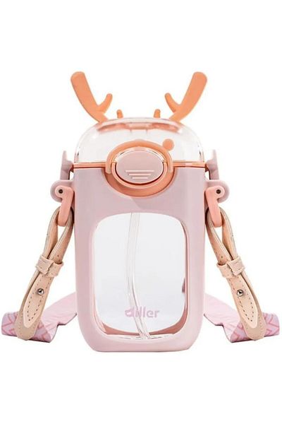 STOREMAX Sellbuystore Tritan Children's Water Bottle with Strap 400ml with Straw and Animal Ears (Powder)