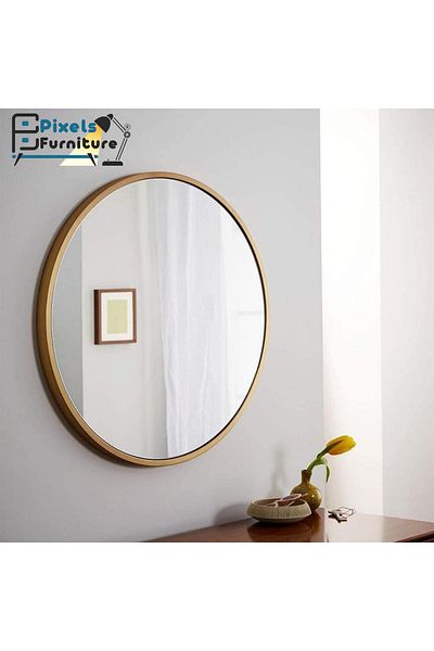 PixelsFurniture Pixel Furniture Round Wall Mirror with Aluminum Metal Frame, Gold
