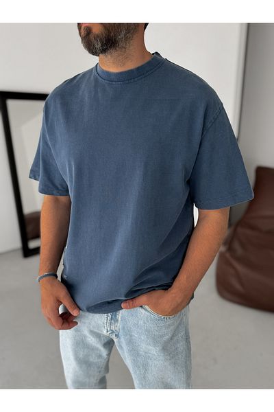 BYBASICMAN Navy Blue Back Piece Written Oversize T-Shirt Yp-5058