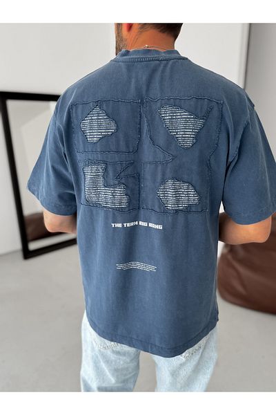 BYBASICMAN Navy Blue Back Piece Written Oversize T-Shirt Yp-5058