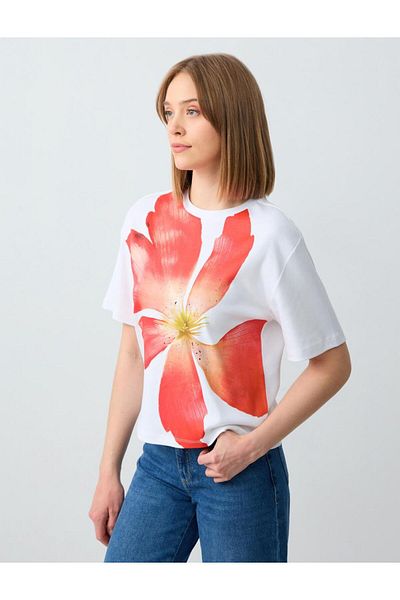Jimmy Key White Round Neck Short Sleeve Floral Pattern Cotton Knitted T-Shirt