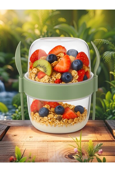Open Home Concept 800 ml Yogurt Muesli Salad Fruit Storage Container with Fork and Spoon for Diet and Breakfast - 2 Pcs