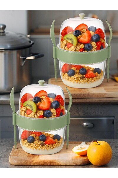 Open Home Concept 800 ml Yogurt Muesli Salad Fruit Storage Container with Fork and Spoon for Diet and Breakfast - 2 Pcs