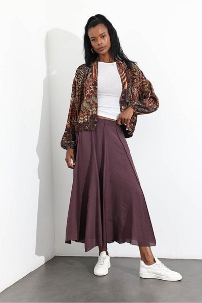5in1Canpolat Plum Stitching Detailed Maxi Length Skirt 3280