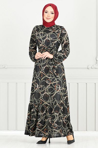 ModaMerve Chain Patterned Dress 4086Pm1063-M Black