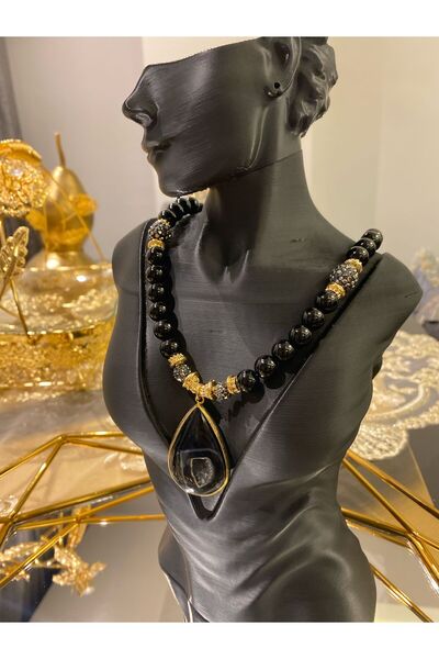 İME TİCARET Özel Tasarım Abiye Günlük Büyük Siyah Taşlı Parlak Kolye