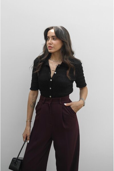 Havoş Black Gathered Buttoned Blouse Cardigan