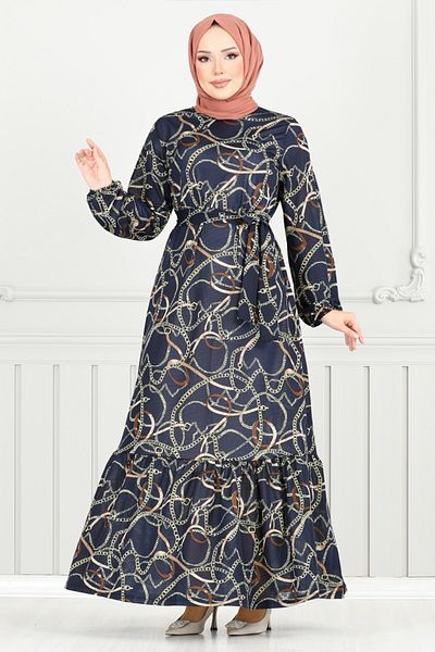 ModaMerve Chain Patterned Dress 4086Pm1063-M Navy