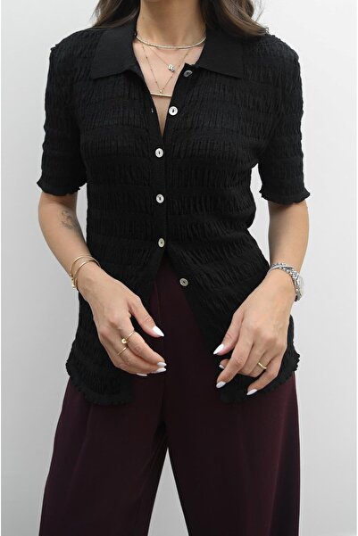Havoş Black Gathered Buttoned Blouse Cardigan