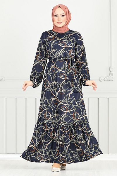 ModaMerve Chain Patterned Dress 4086Pm1063-M Navy
