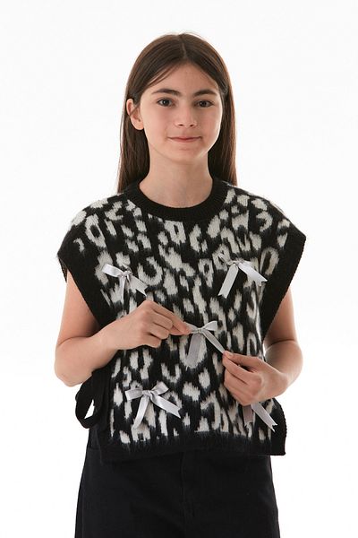 Fulla Moda Leopard Patterned Bow Girl's Knitwear Sweater