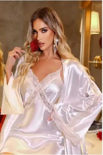 H&S STORE Güpür Detaylı Ikili Saten Gecelik Beyaz Çok Şık Ve Seksi Gecelik Takım
