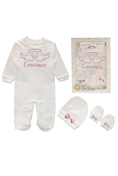 bebegen İsme Özel Pembe Nakışlı Bereli Eldivenli Kız Bebek Tulum